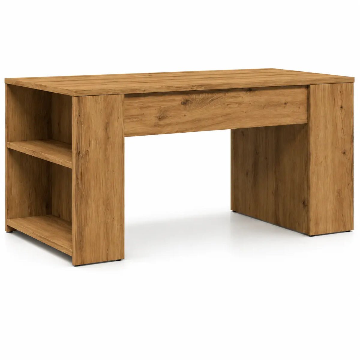 table basse en bois effet chêne avec étagères latérales ouvertes et design contemporain, idéal pour espace de travail compact