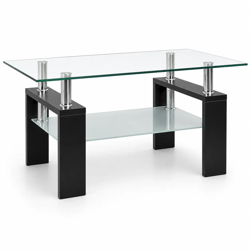 Table basse rectangulaire avec plateaux en verre transparent, structure noire et supports chromés au design contemporain