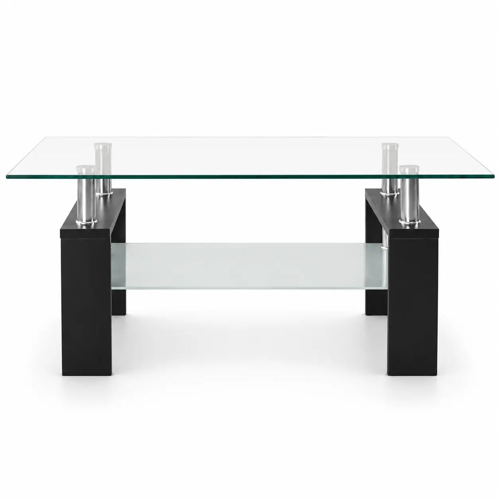 Vue frontale d’une table basse rectangulaire avec double plateau en verre, structure noire et supports chromés modernes