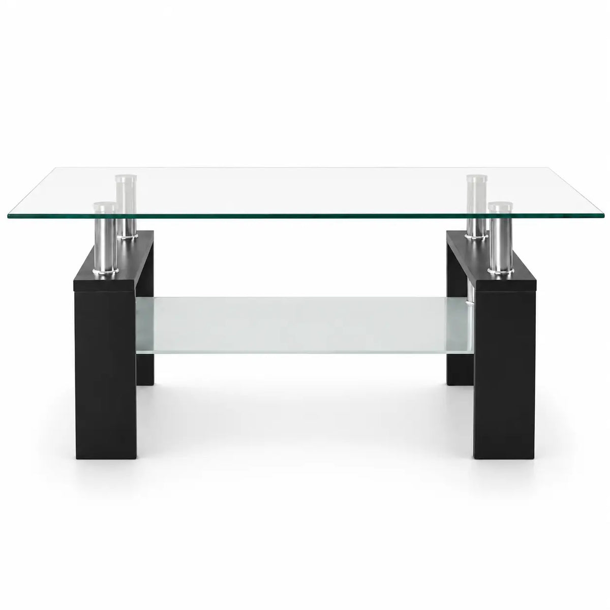 Vue frontale d’une table basse rectangulaire avec double plateau en verre, structure noire et supports chromés modernes
