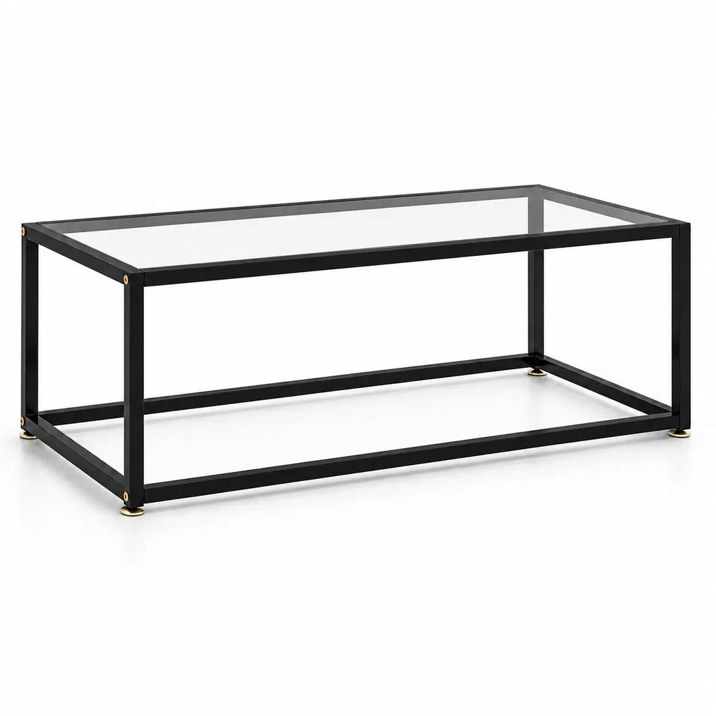 Table basse rectangulaire en verre Rectra avec structure noire minimaliste et design moderne épuré