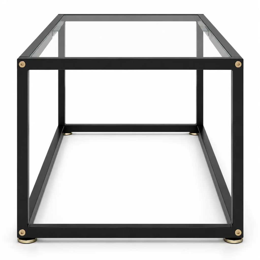 Table basse Rectra en verre transparent avec structure noire carrée et détails dorés modernes