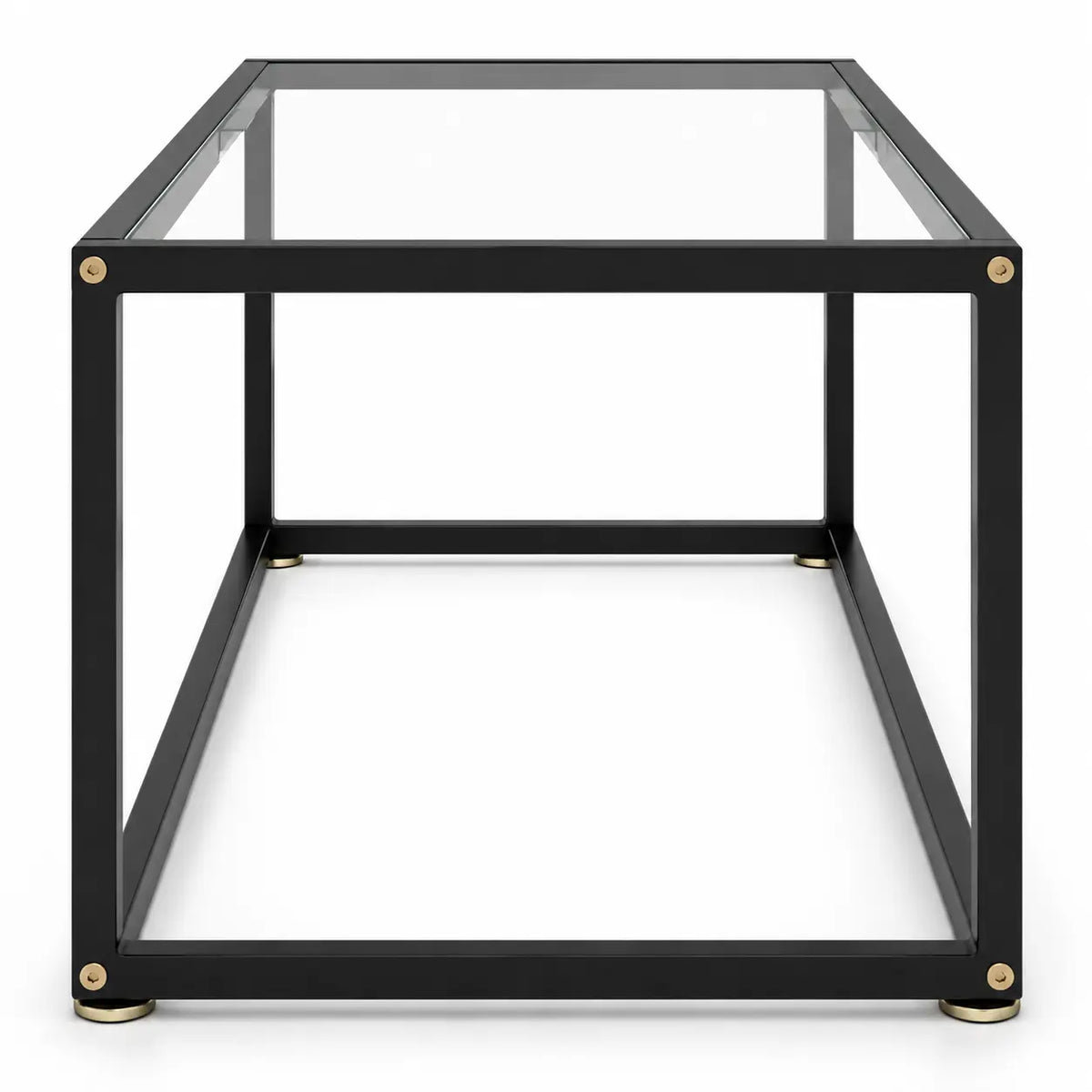 Table basse Rectra en verre transparent avec structure noire carrée et détails dorés modernes