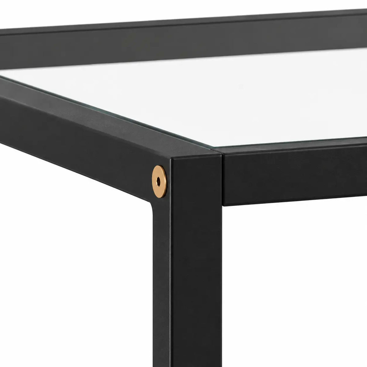 Détail table basse Rectra avec structure noire en métal et plateau en verre transparent moderne