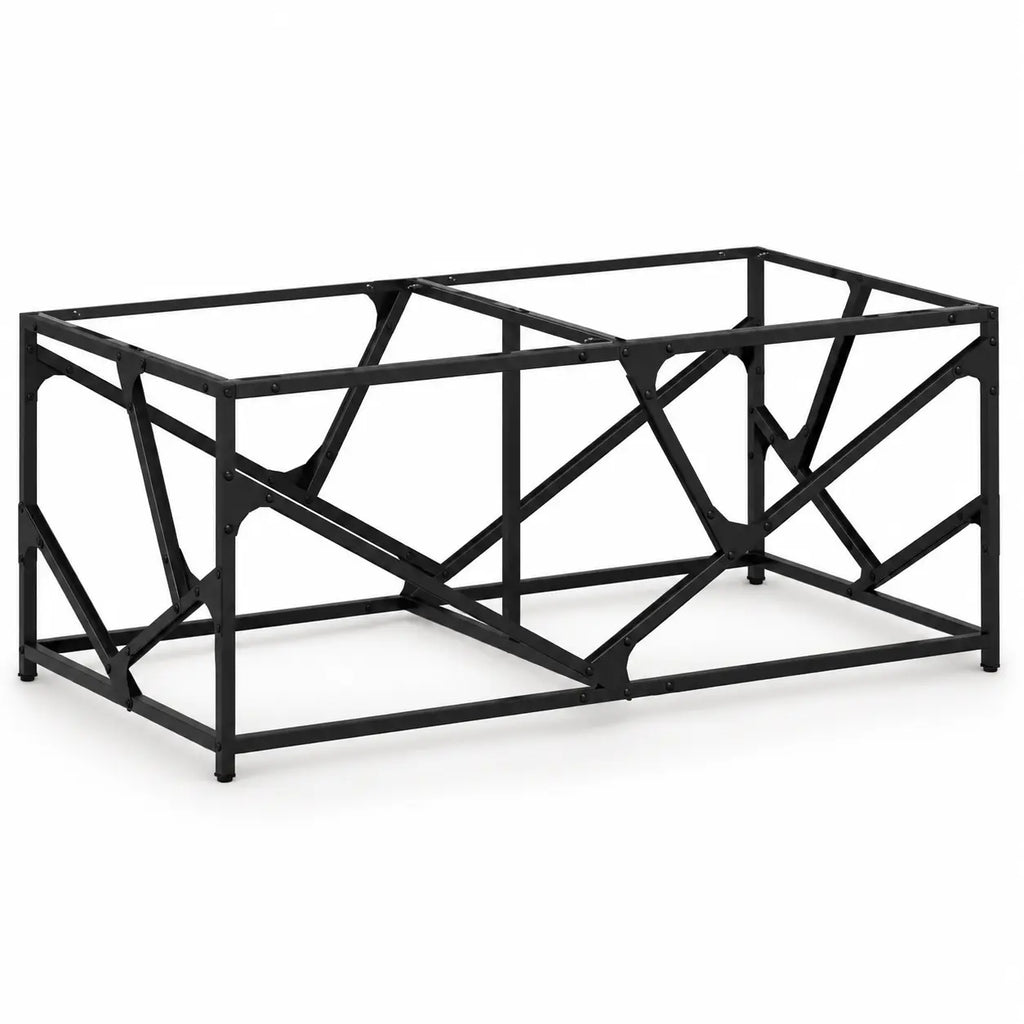 Table basse rectangulaire en verre et métal noir, avec cadre géométrique industriel au design moderne.