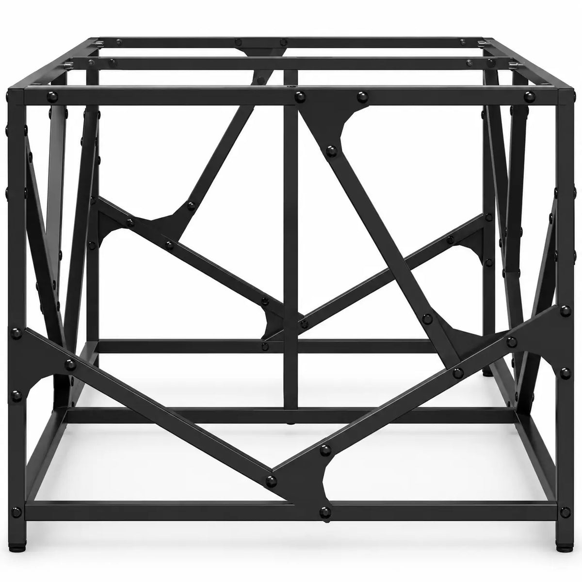 Table basse rectangulaire en verre et métal noir, avec cadre géométrique industriel au design moderne.