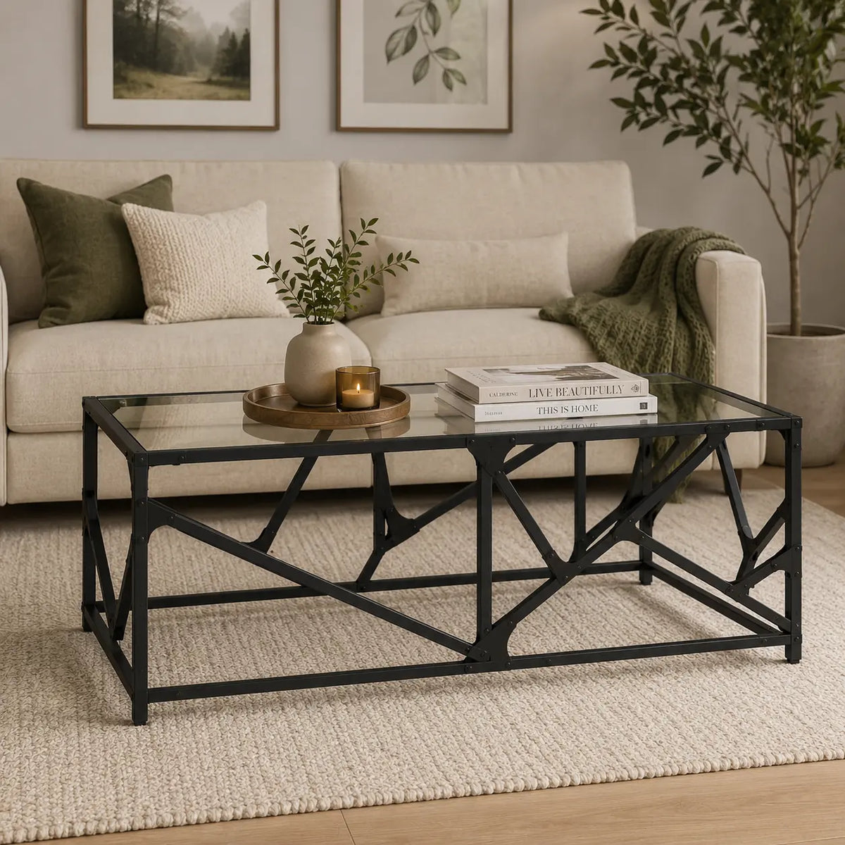 Table basse industrielle noire avec plateau en verre et structure géométrique moderne dans un salon chic