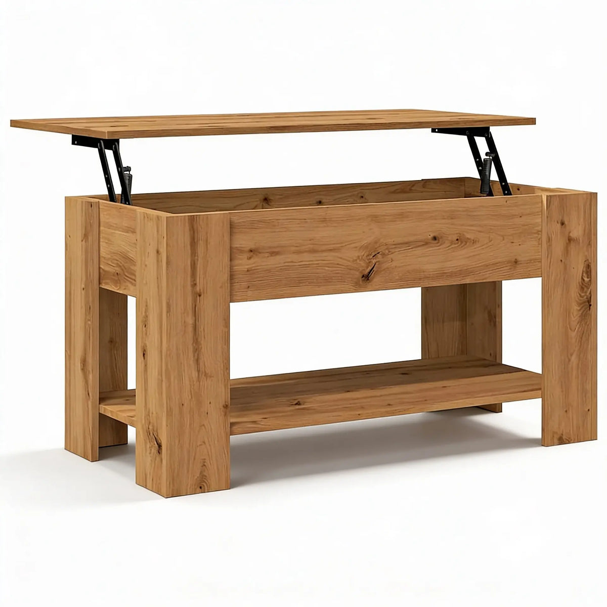 Table basse relevable rectangle Sylvane en bois naturel avec rangement intégré et étagère moderne