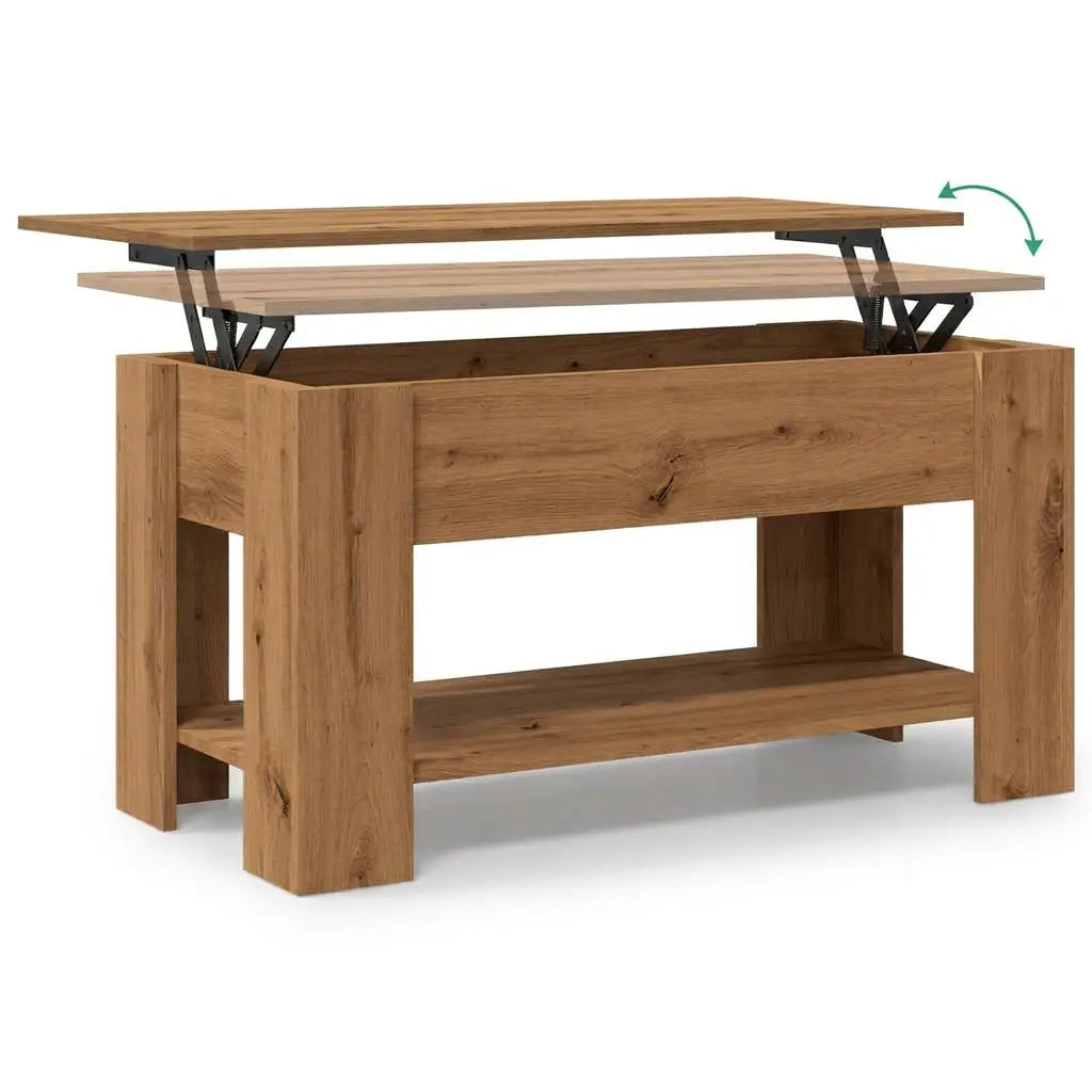 Table basse relevable Sylvane en bois naturel avec plateau mobile et rangement intégré moderne