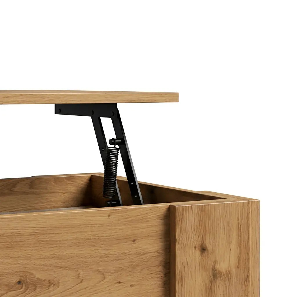 Détail du mécanisme relevable de la table basse Sylvane en bois naturel avec système métallique robuste