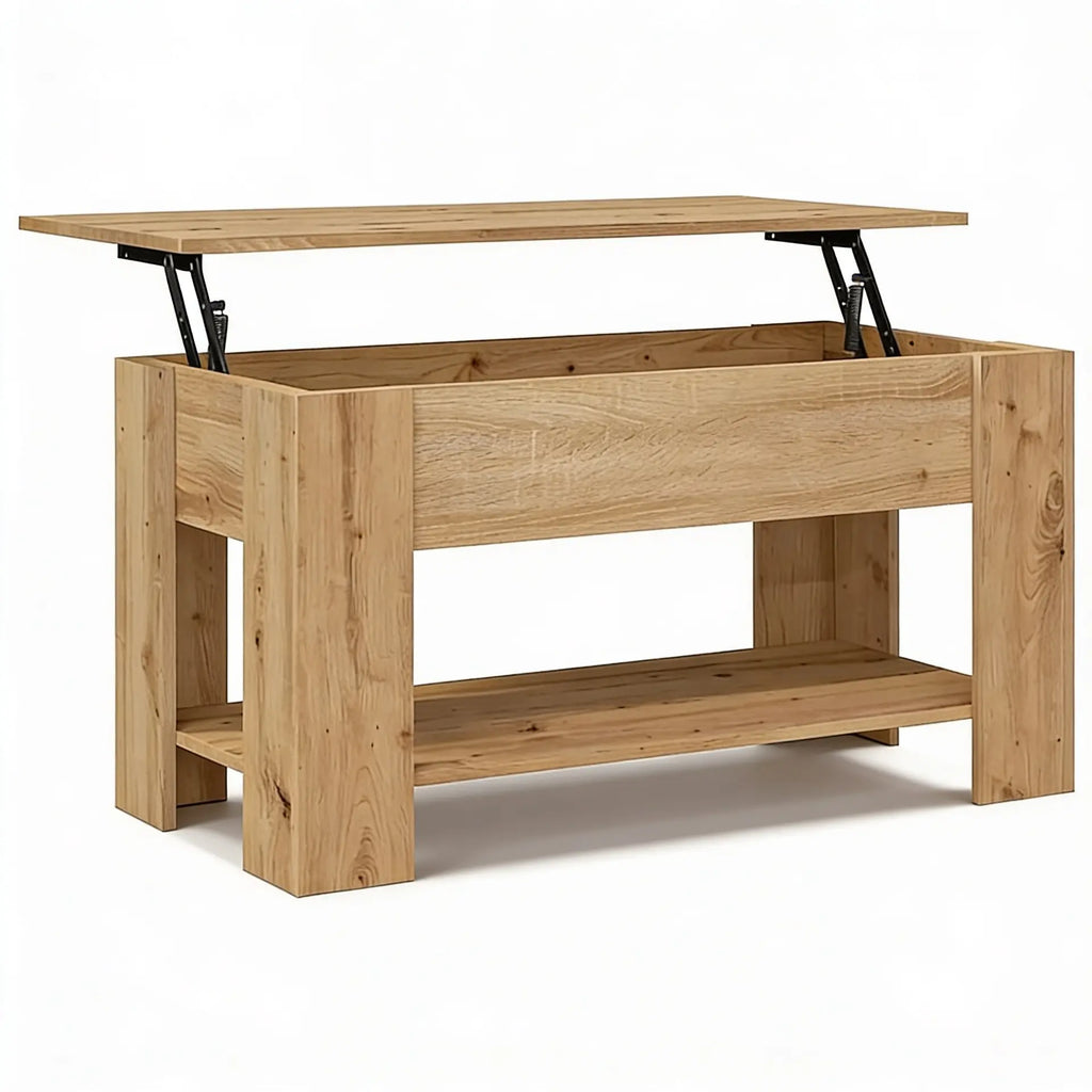 Table basse relevable Sylvane en bois clair avec rangement intégré et étagère basse moderne