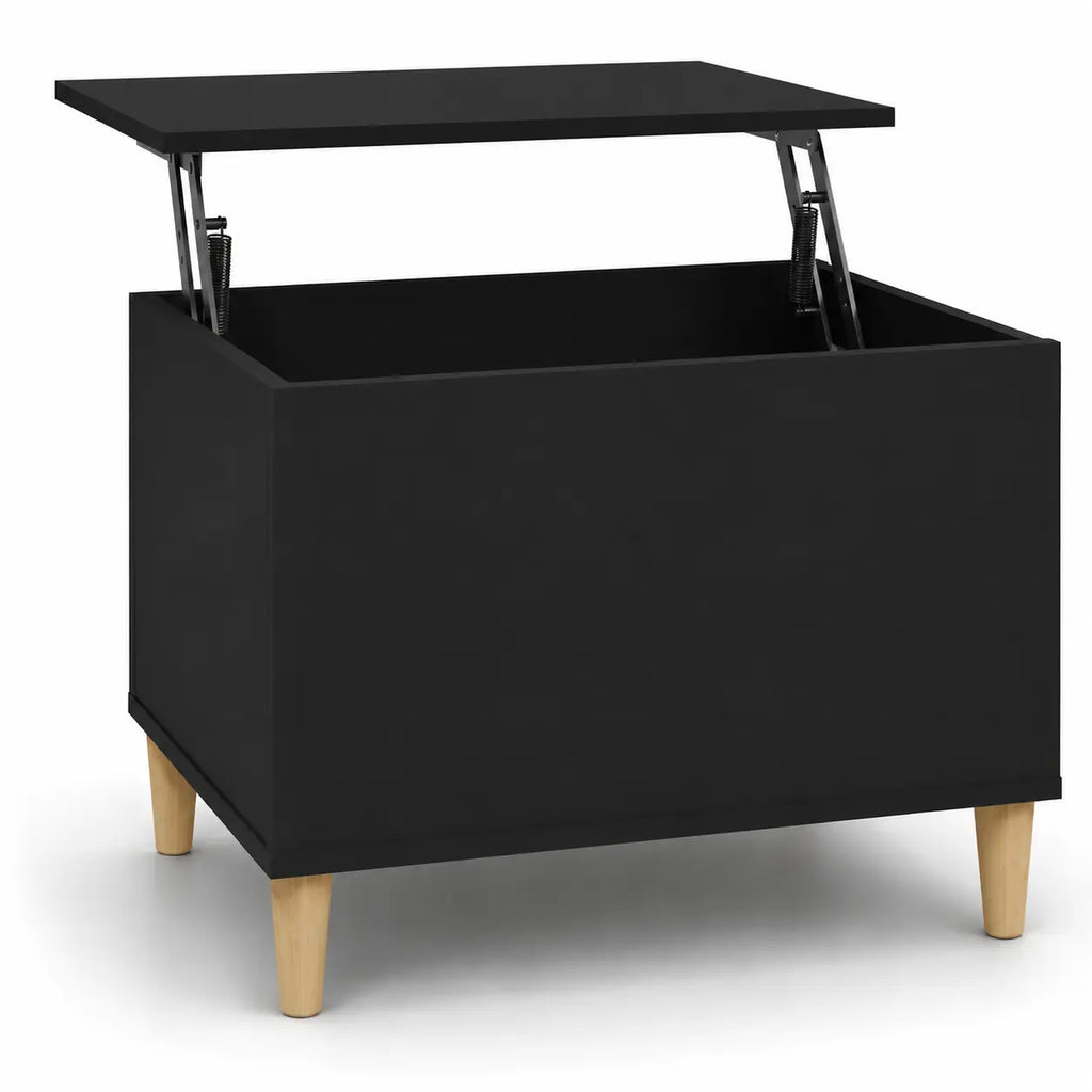 Table basse noire relevable avec compartiment de rangement caché et pieds en bois pour salon moderne