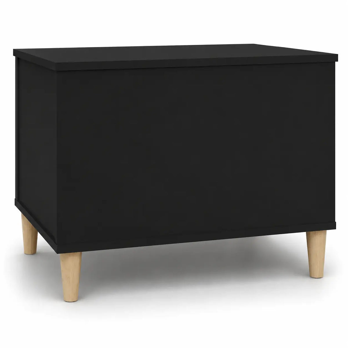 Table basse noire compacte avec pieds en bois clair, design moderne et rangement discret pour salon élégant