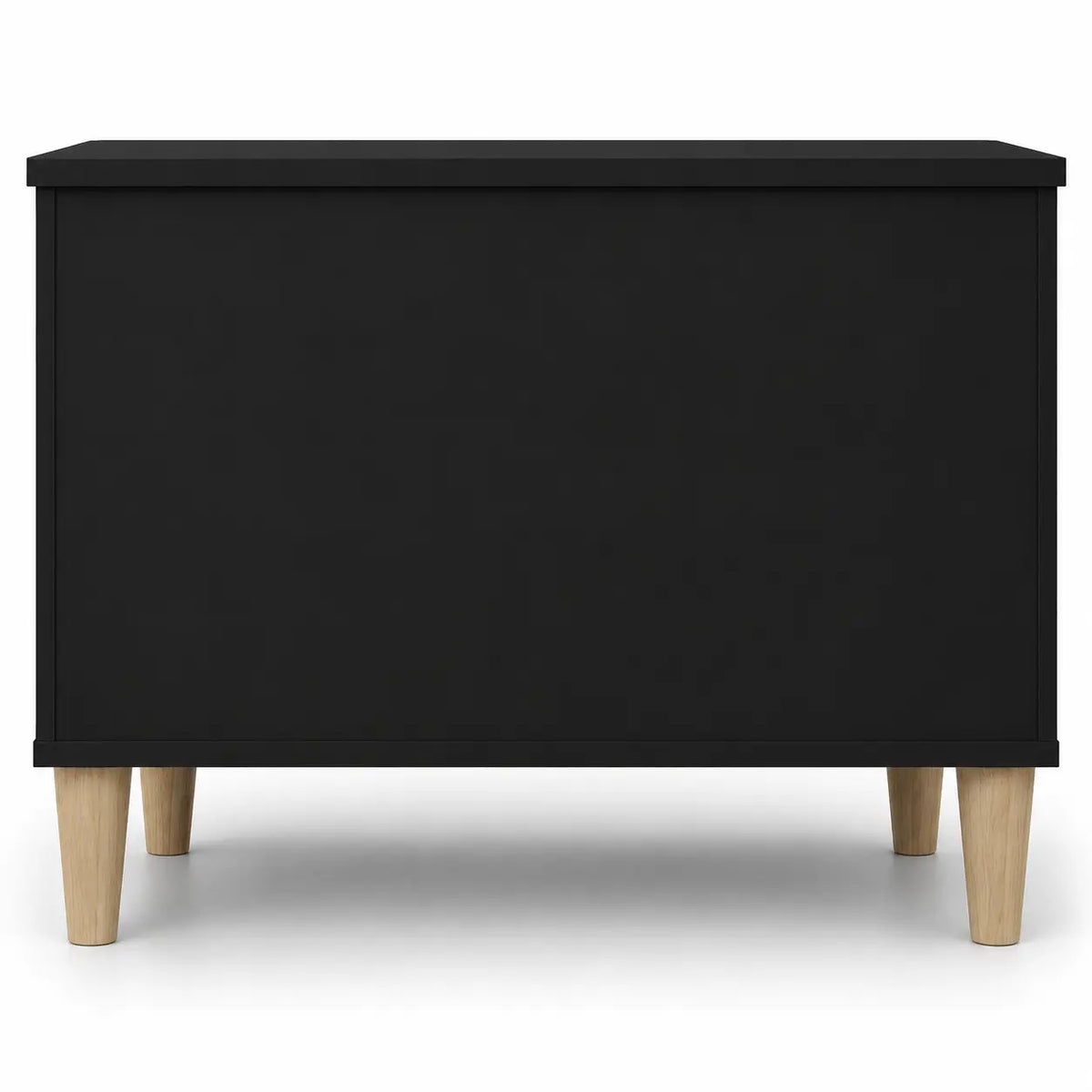 Table basse noire rectangulaire avec pieds en bois naturel, style moderne et design minimaliste pour salon