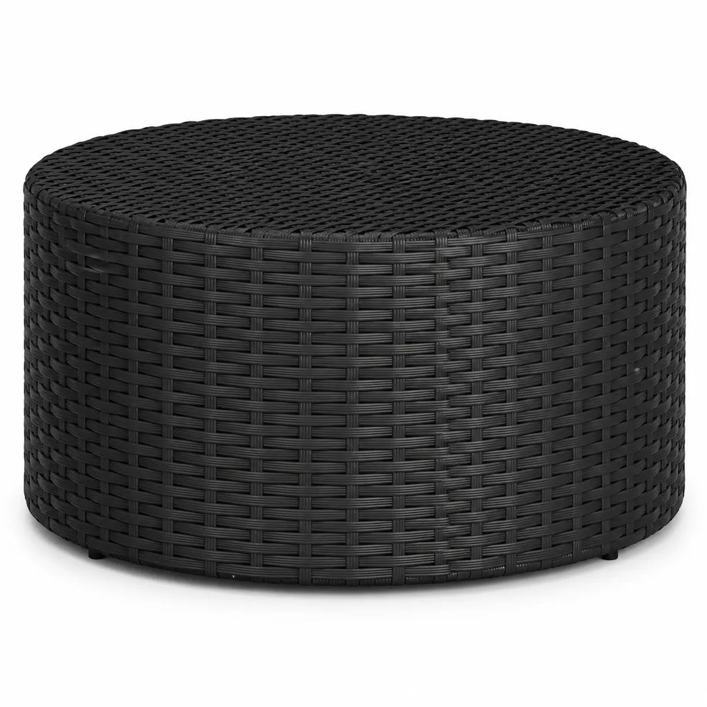 Table basse ronde en résine tressée noire avec design moderne pour intérieur et extérieur élégant