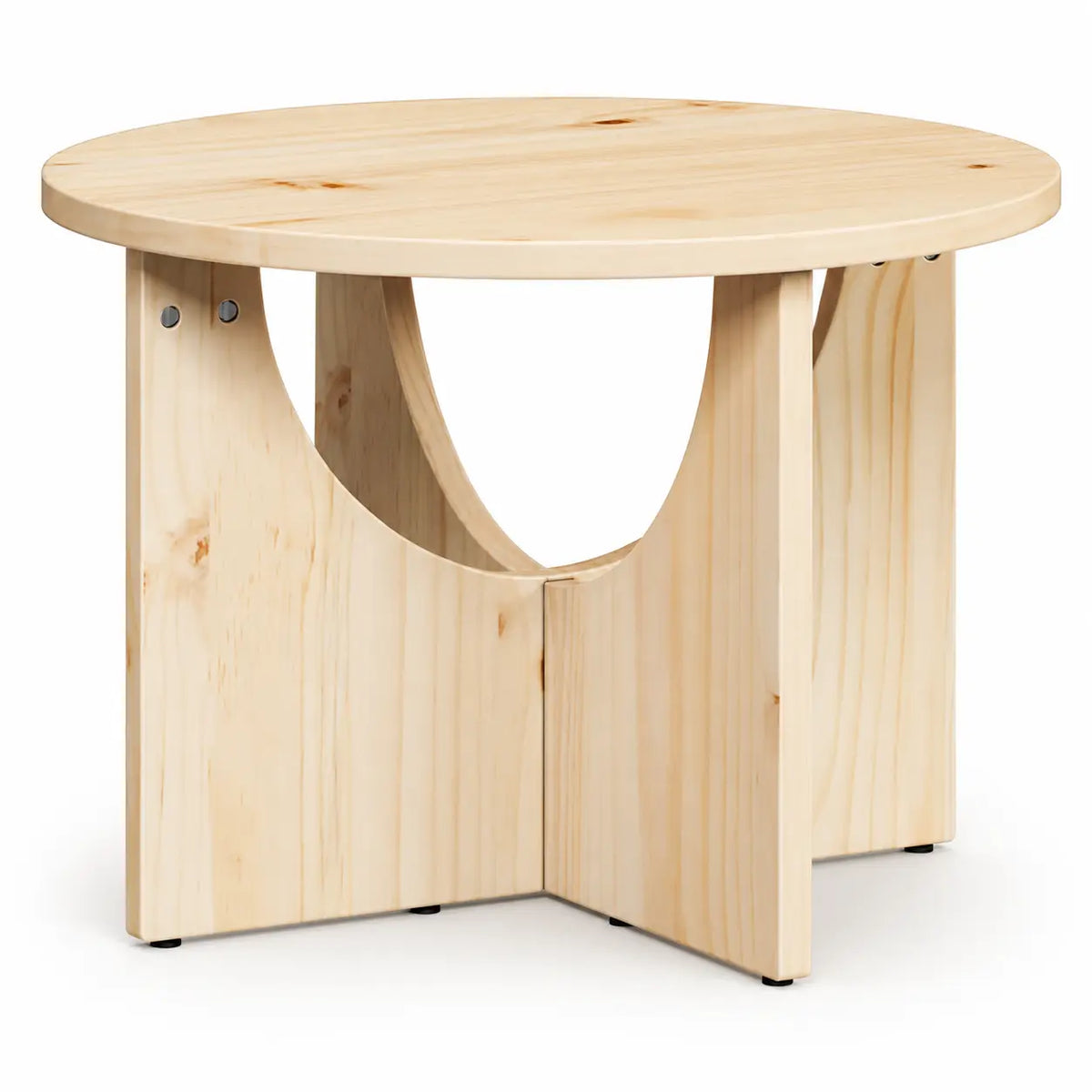 Table d’appoint ronde en bois clair avec design sculptural moderne, plateau circulaire et base géométrique ajourée