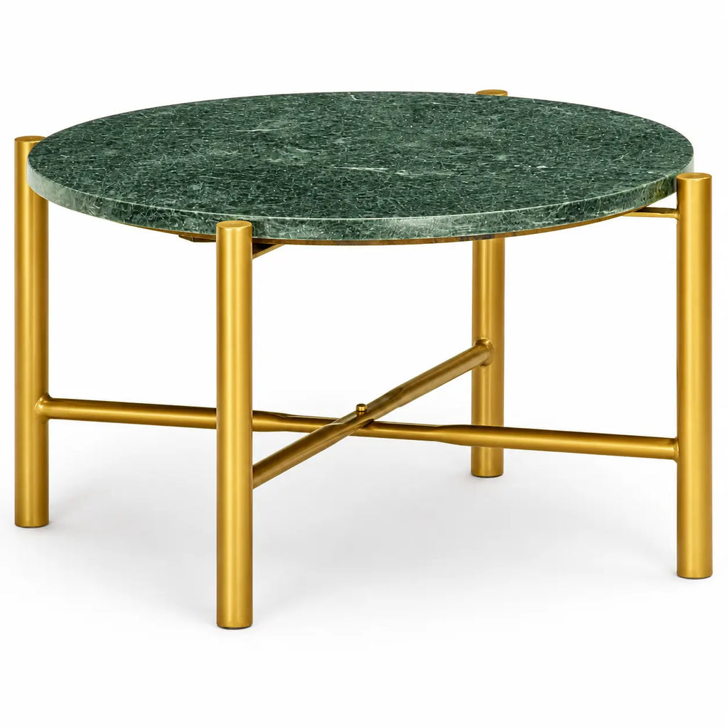 Table basse Monolith ronde en véritable marbre vert avec pieds dorés au design contemporain chic