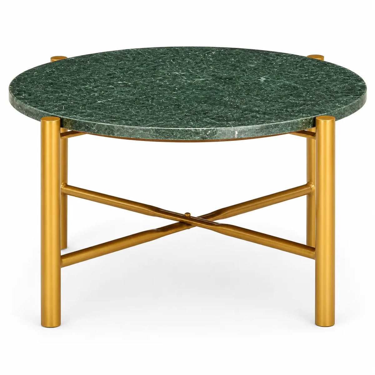Table basse ronde Monolith en marbre vert véritable avec structure dorée minimaliste élégante