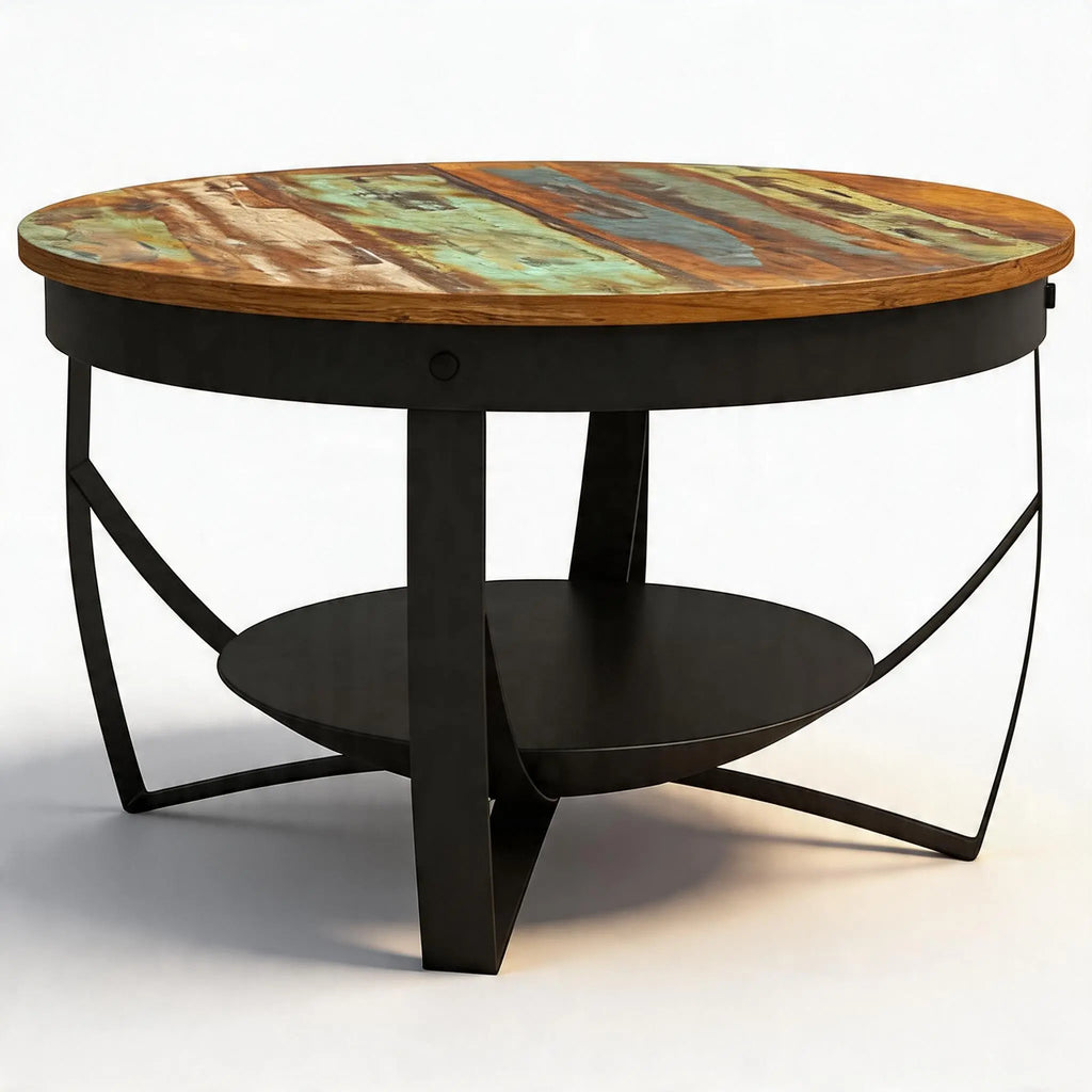 Table basse ronde avec plateau en bois multicolore recyclé, structure en métal noir et étagère inférieure, style industriel