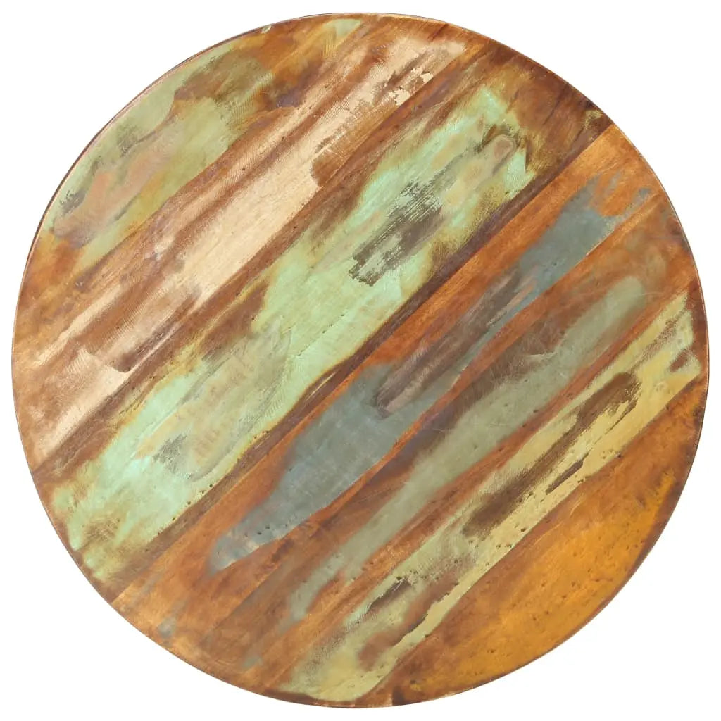 Vue du dessus de la table basse ronde avec plateau en bois recyclé multicolore, finitions patinées au style industriel