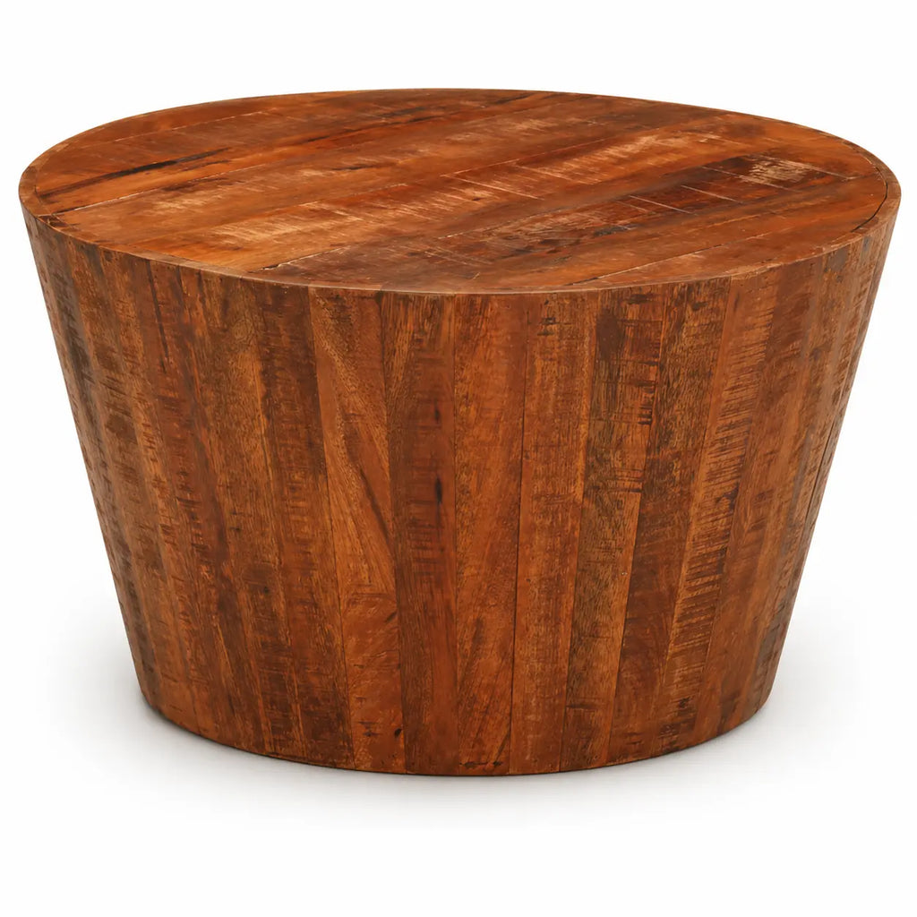 Table basse ronde en bois massif brun, design contemporain avec finition rustique et silhouette conique élégante