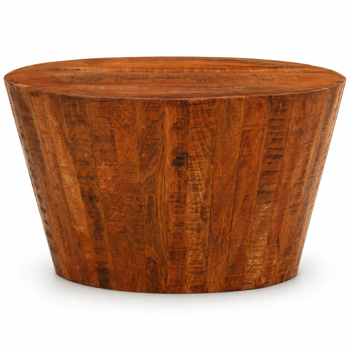 Table basse ronde en bois massif brun, design contemporain avec finition rustique et silhouette conique élégante