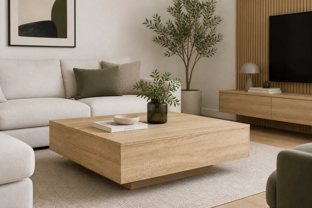 Table basse carrée en bois clair avec design minimaliste moderne dans un salon chaleureux contemporain
