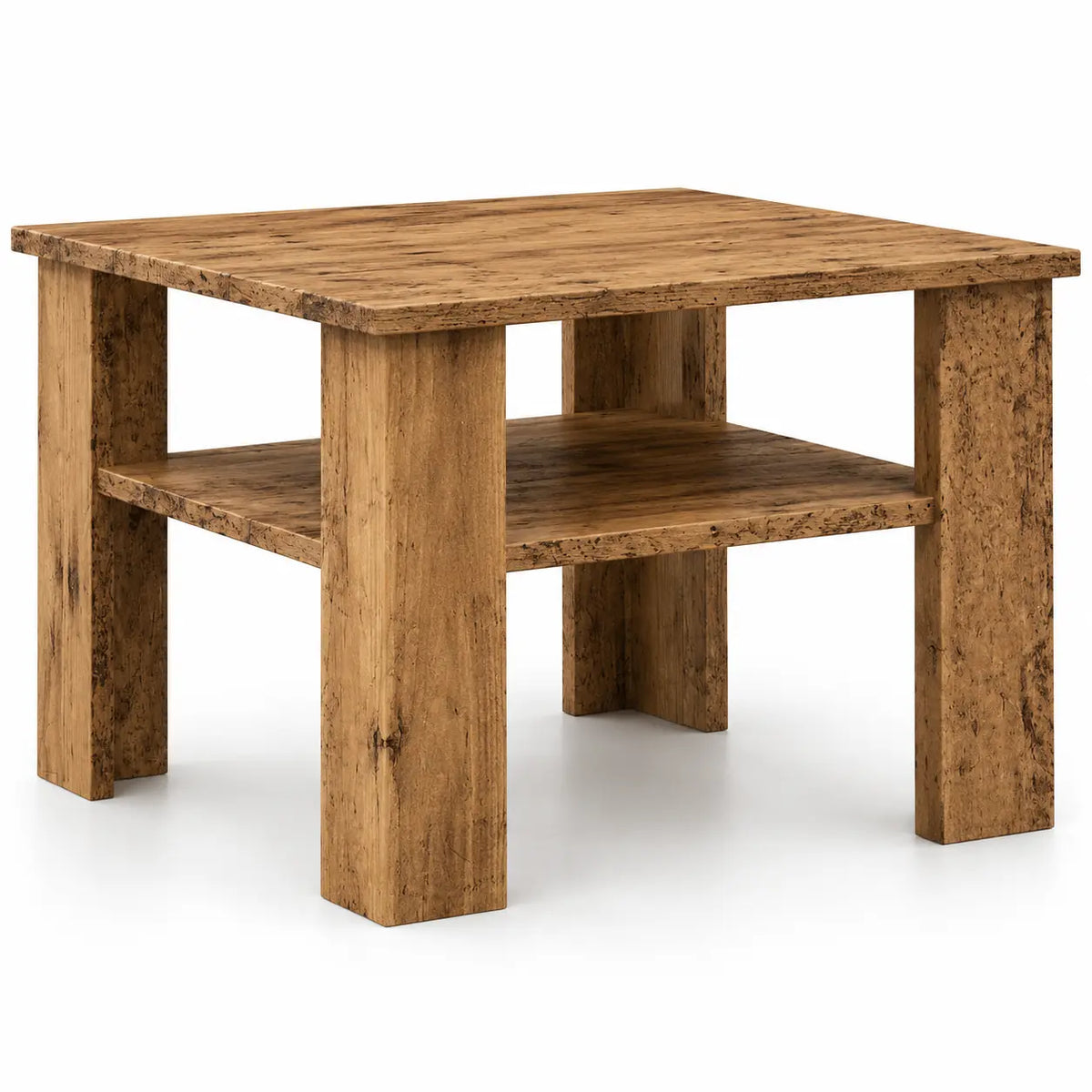 Table basse en bois effet rustique avec étagère inférieure, design robuste et fonctionnel pour salon moderne