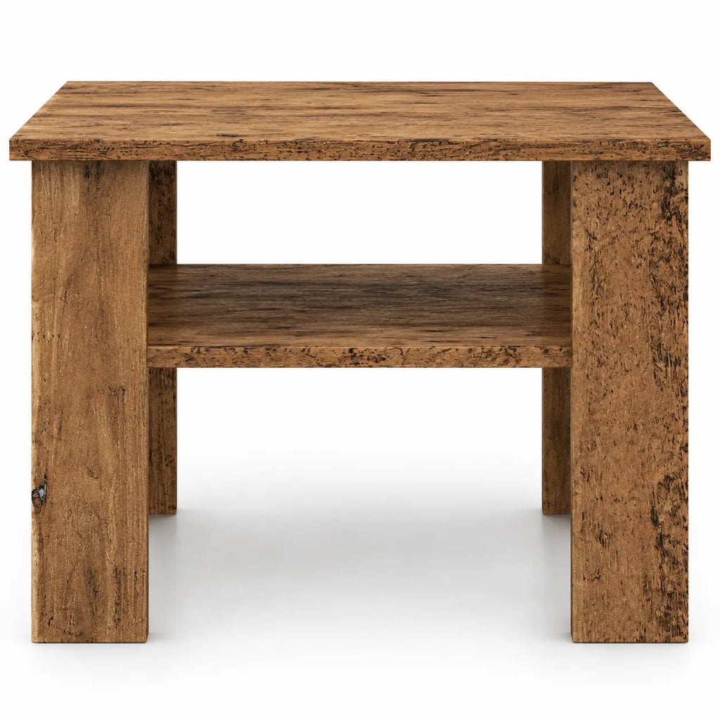 Table basse en bois effet rustique avec étagère ouverte, vue frontale, design robuste pour salon ou chambre