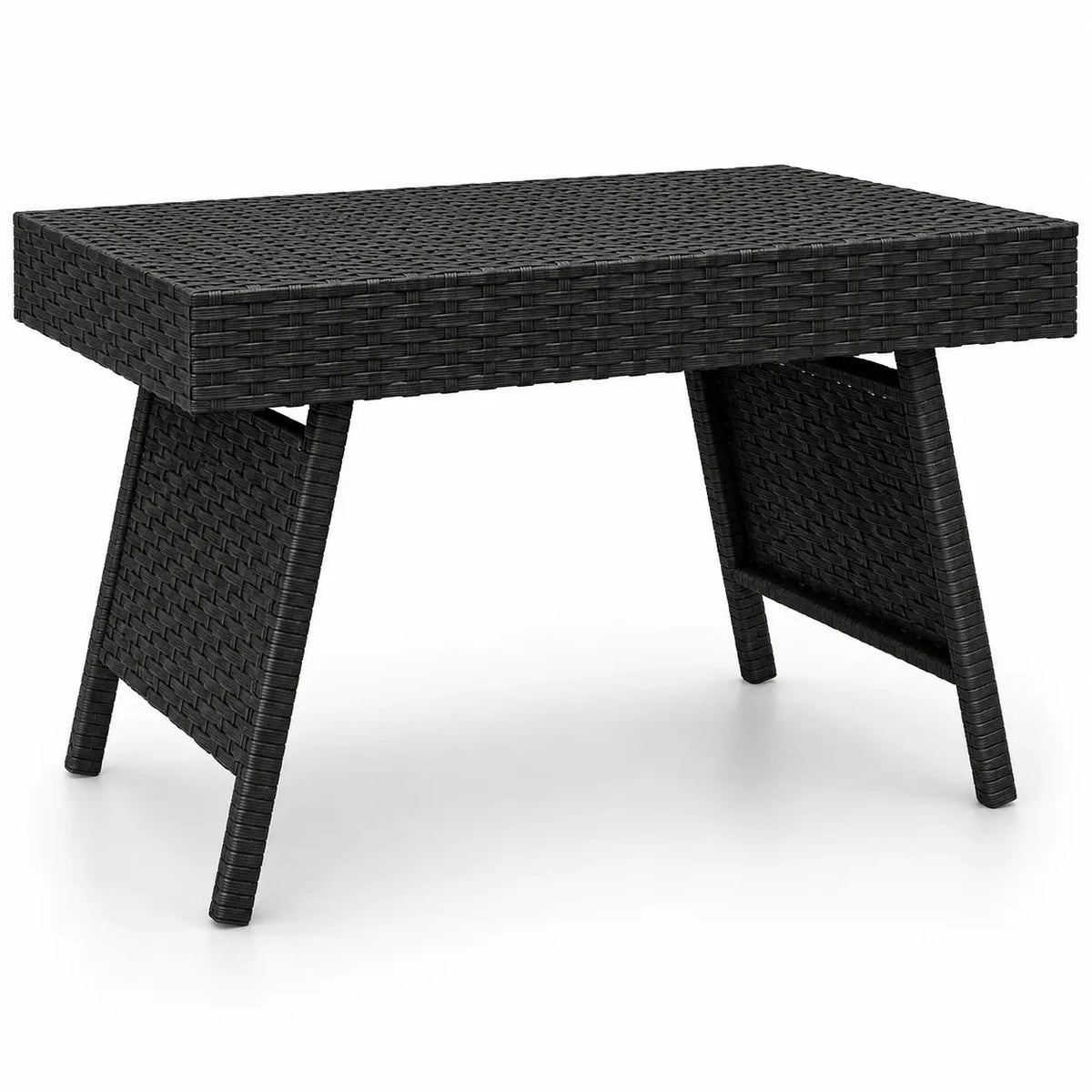 Table basse extérieure en résine tressée noire avec design moderne et structure robuste élégante