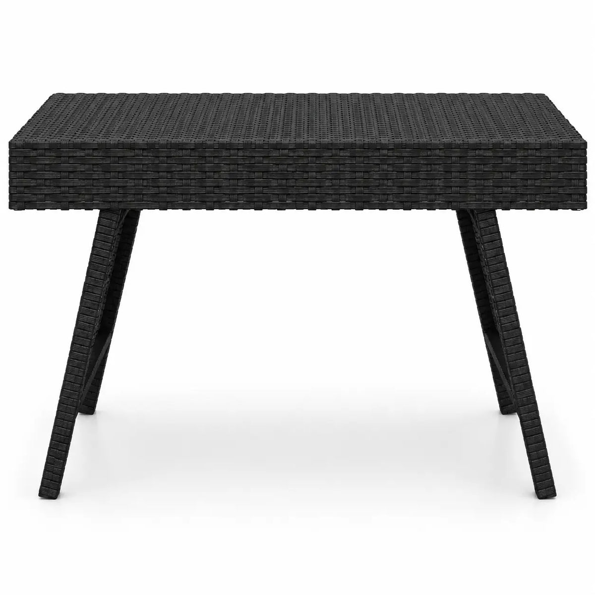 Table basse extérieure en résine tressée noire avec pieds inclinés et design contemporain élégant