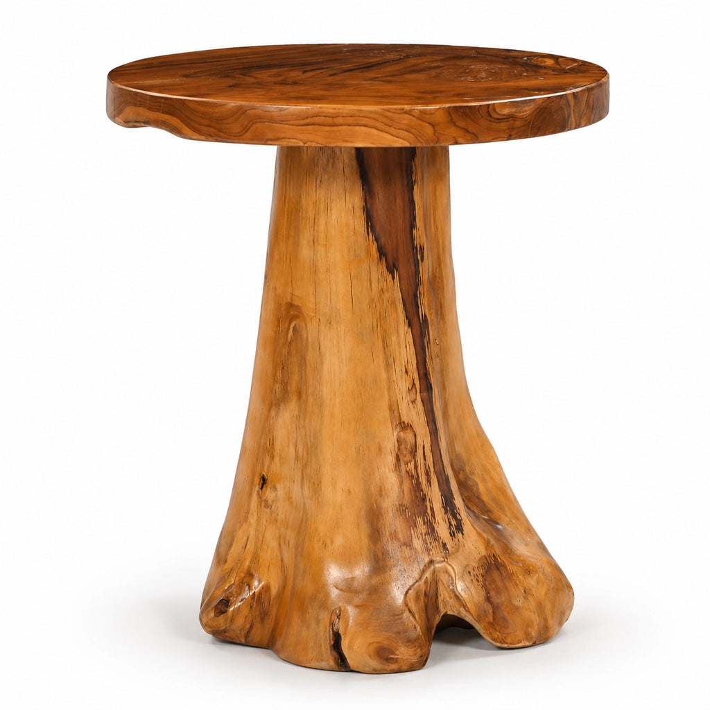 Table basse ronde en bois massif naturel avec plateau poli et base sculptée en tronc, au design organique