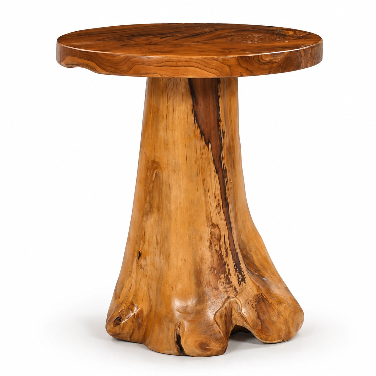 Table basse ronde en bois massif naturel avec plateau poli et base sculptée en tronc, au design organique