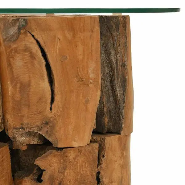 Détail table basse en bois massif naturel avec plateau en verre et finition rustique artisanale