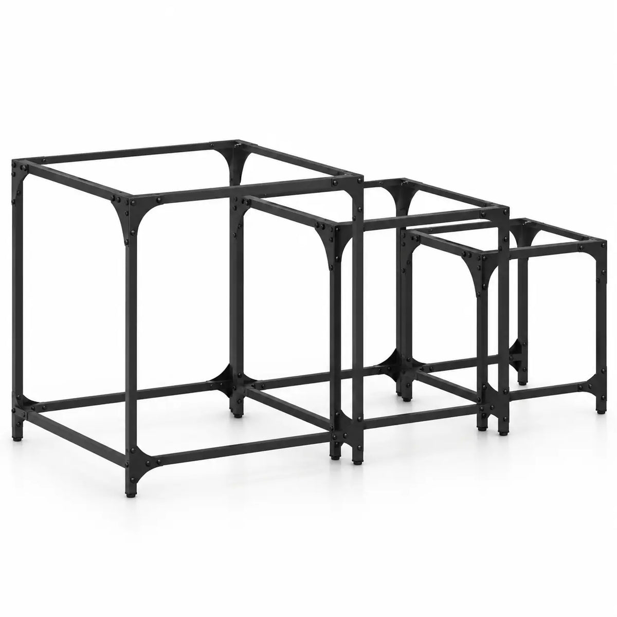 Structures de tables basses gigognes noires en métal et verre au design industriel moderne et minimaliste