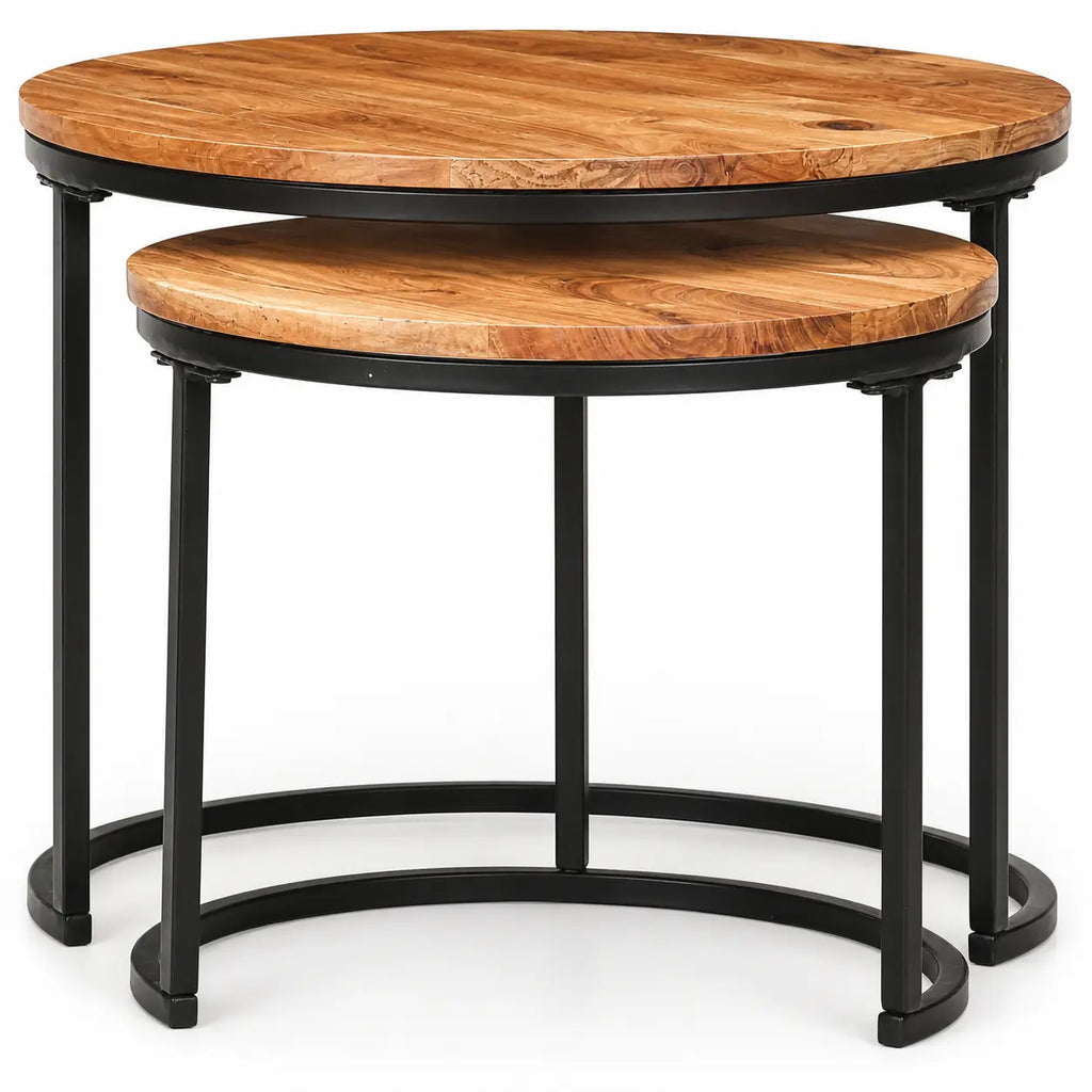 Tables basses gigognes rondes avec plateau bois massif et structure métal noir industrielle