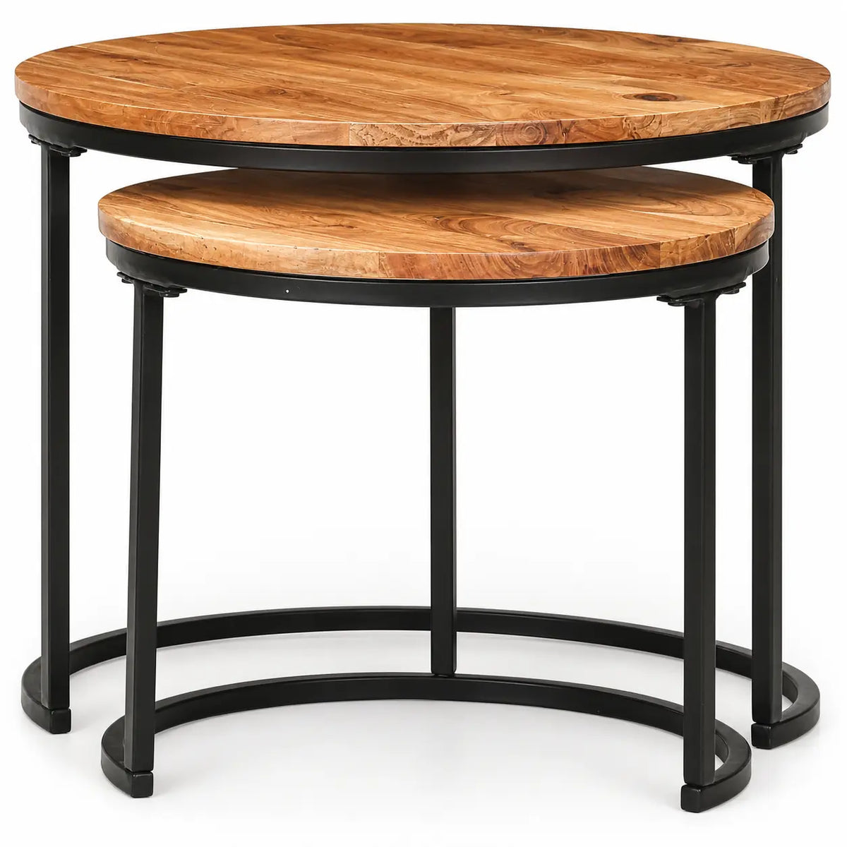 Tables basses gigognes rondes avec plateau bois massif et structure métal noir industrielle