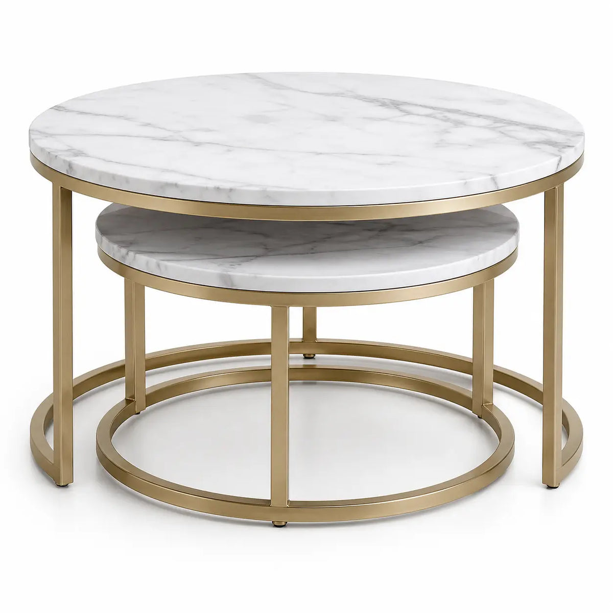 Tables basses Gigognes style Marbre Marbria avec plateaux blancs et structure dorée ronde