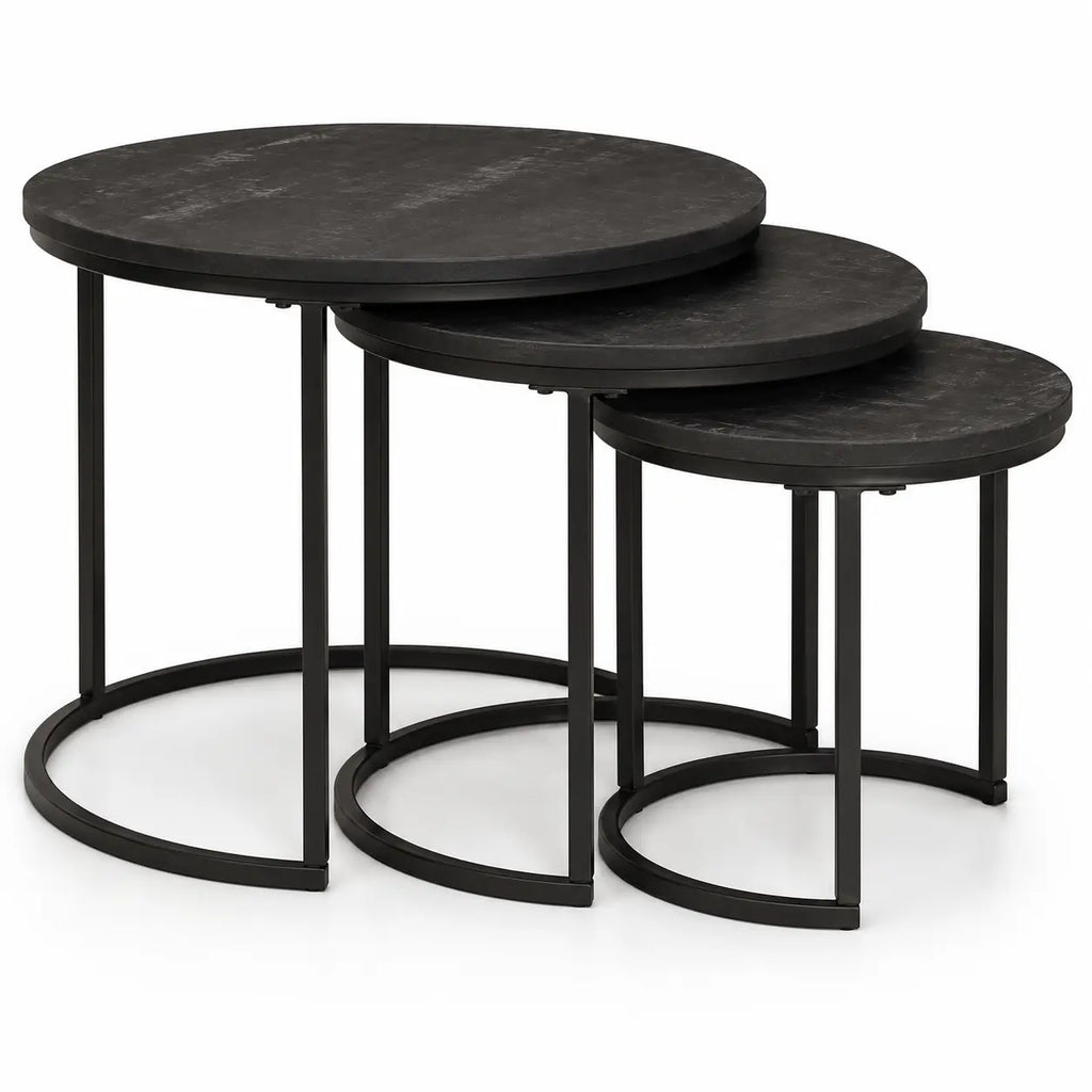 Tables basses gigognes rondes Norio noires avec plateaux en bois et structure métallique moderne