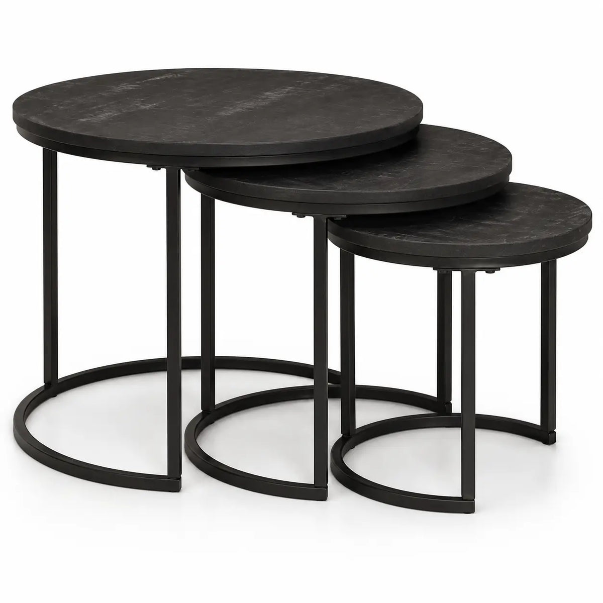 Tables basses gigognes rondes Norio noires avec plateaux en bois et structure métallique moderne