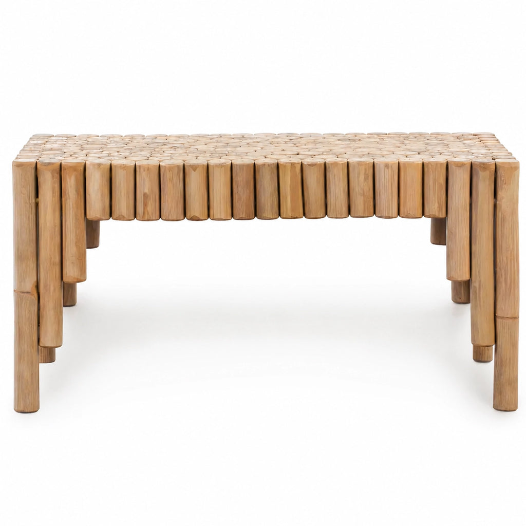 Table basse en bambou naturel, vue frontale, design sculptural en rondins avec style artisanal organique élégant