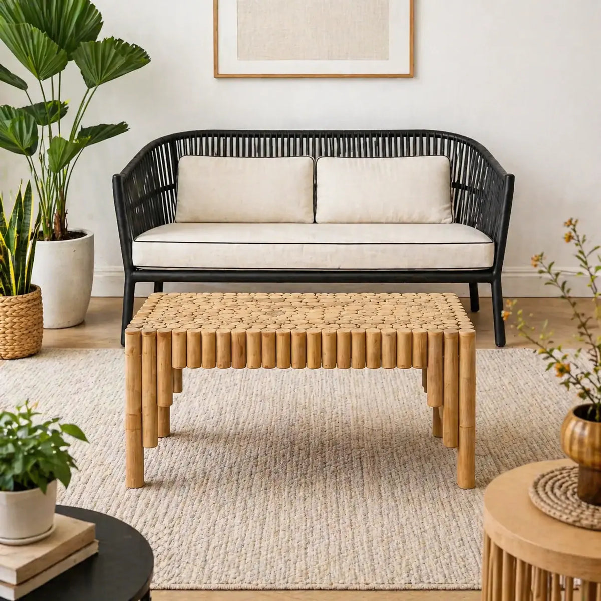 Table basse en bambou naturel en situation, design sculptural artisanal avec style organique pour salon chaleureux