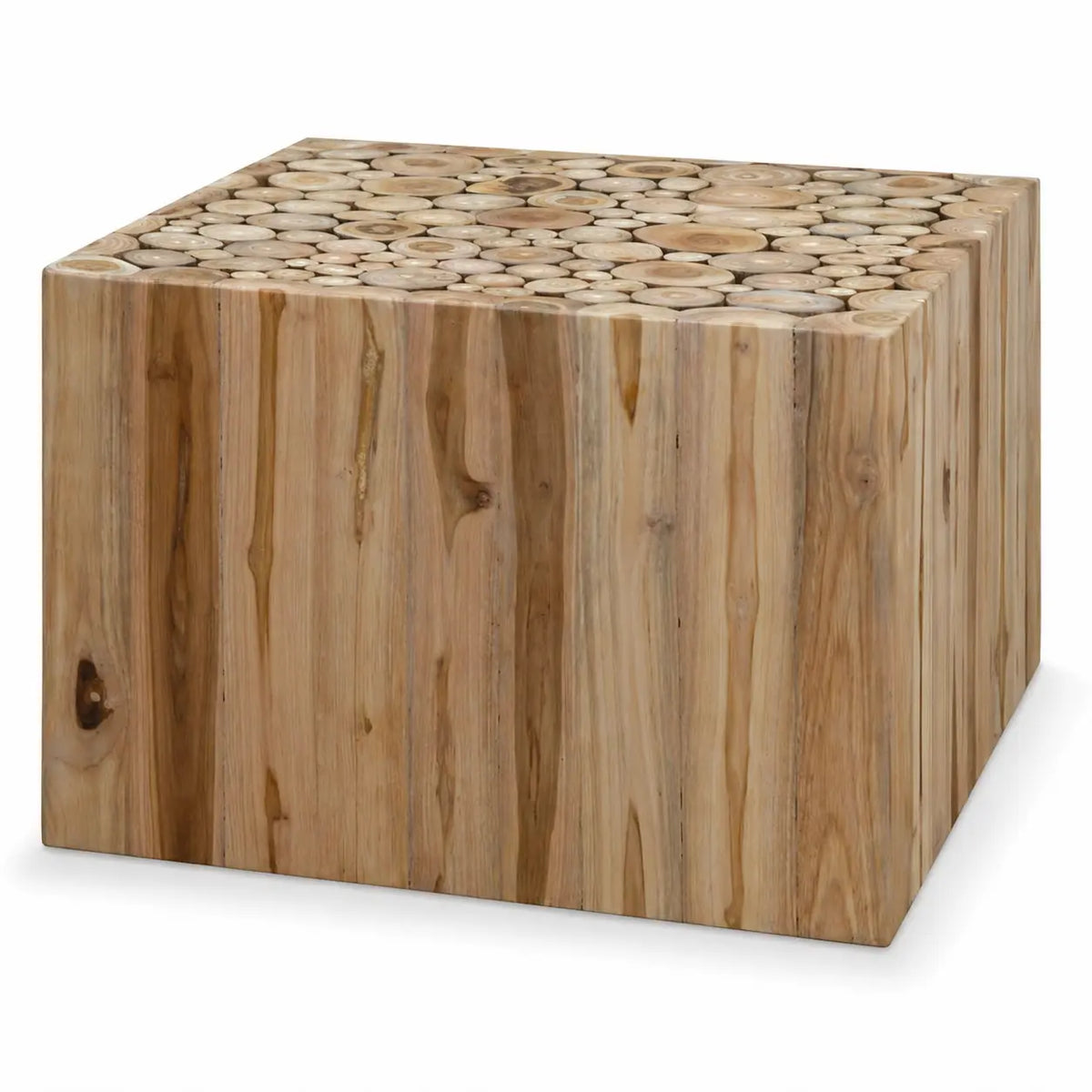 Table d’appoint Japandi Hikari en bois de teck massif, design cubique avec plateau en rondins décoratifs naturels