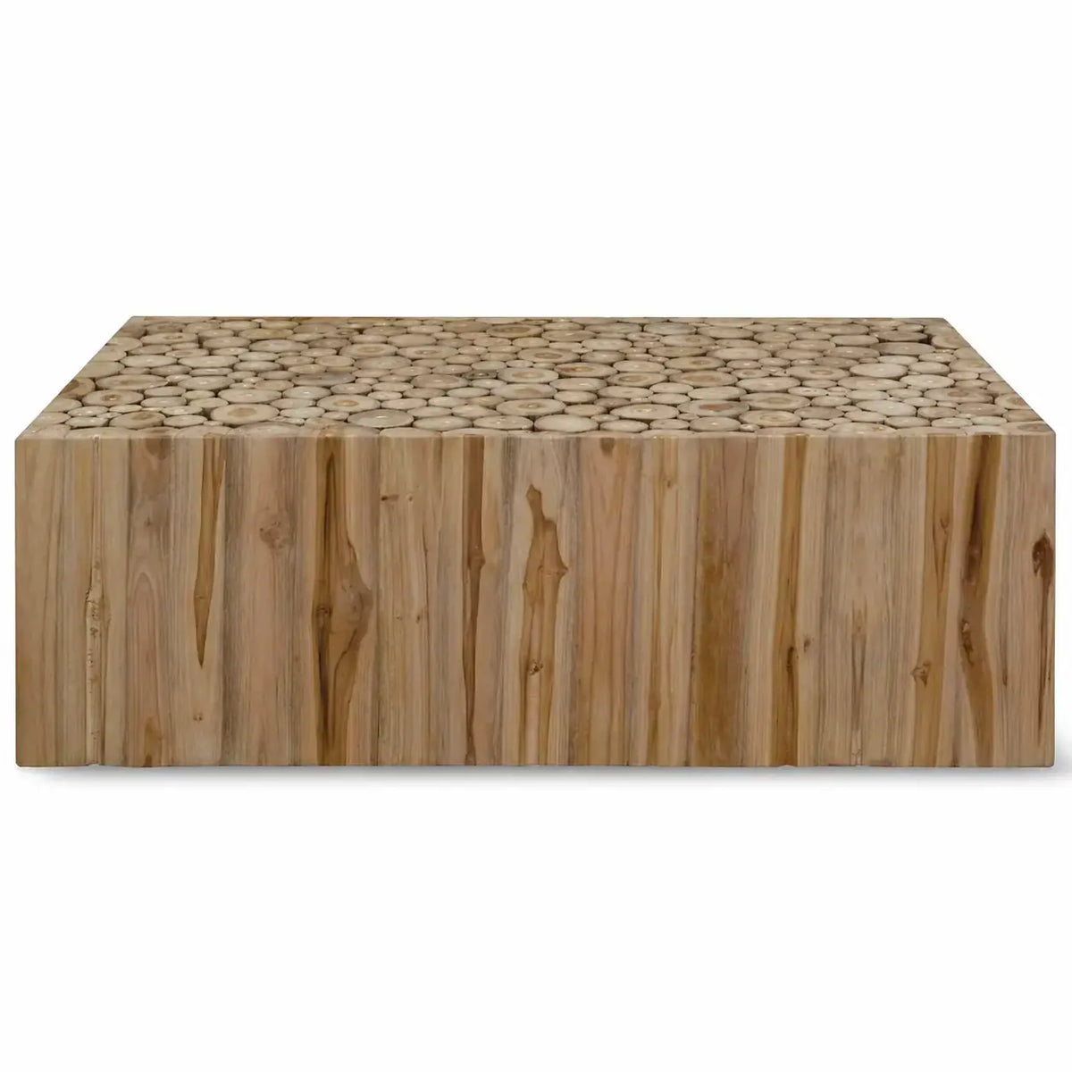 Table basse Japandi Hikari en bois de teck massif, plateau en rondins apparents et design rectangulaire minimaliste