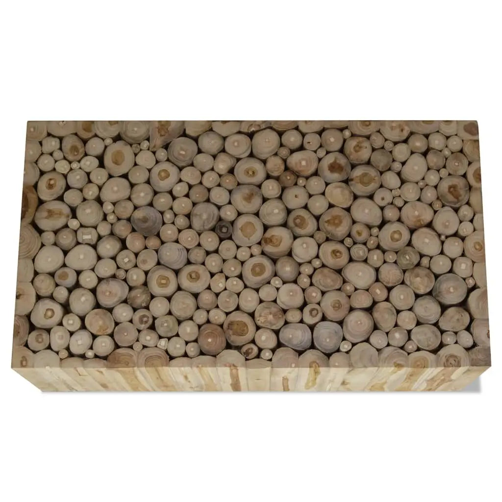 Vue du dessus de la table basse Japandi Hikari en bois de teck, plateau décoratif en rondins assemblés au style naturel