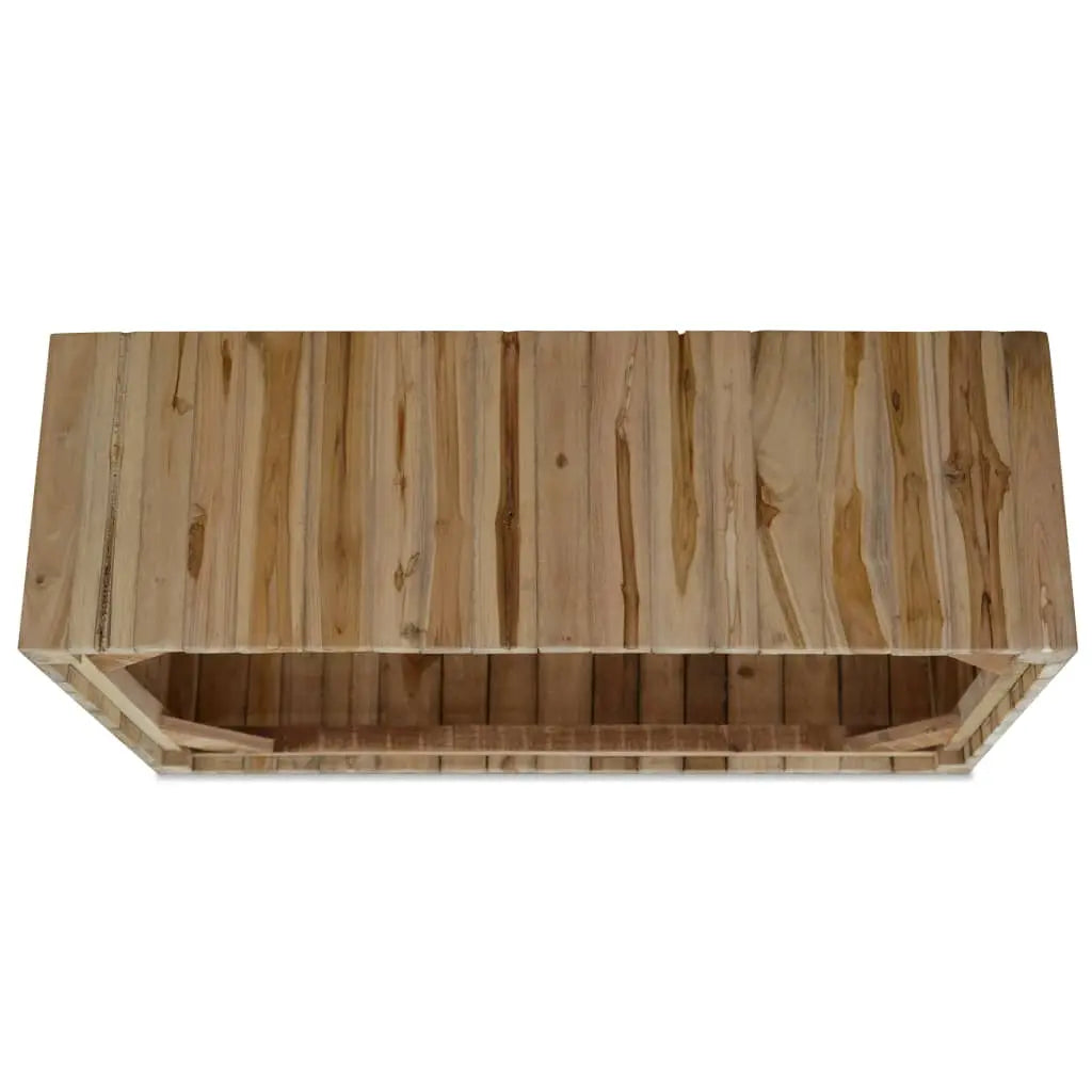 Vue inférieure de la table basse Japandi Hikari en bois de teck massif, structure artisanale robuste et finition naturelle