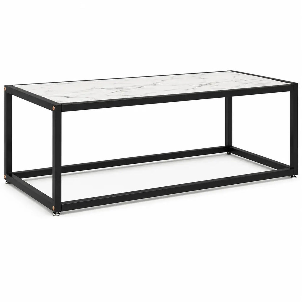 Table basse rectangulaire effet marbre blanc avec structure noire au style industriel moderne