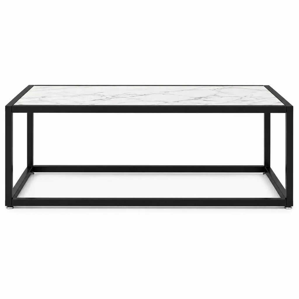 Table basse rectangulaire effet marbre blanc avec cadre noir minimaliste et moderne