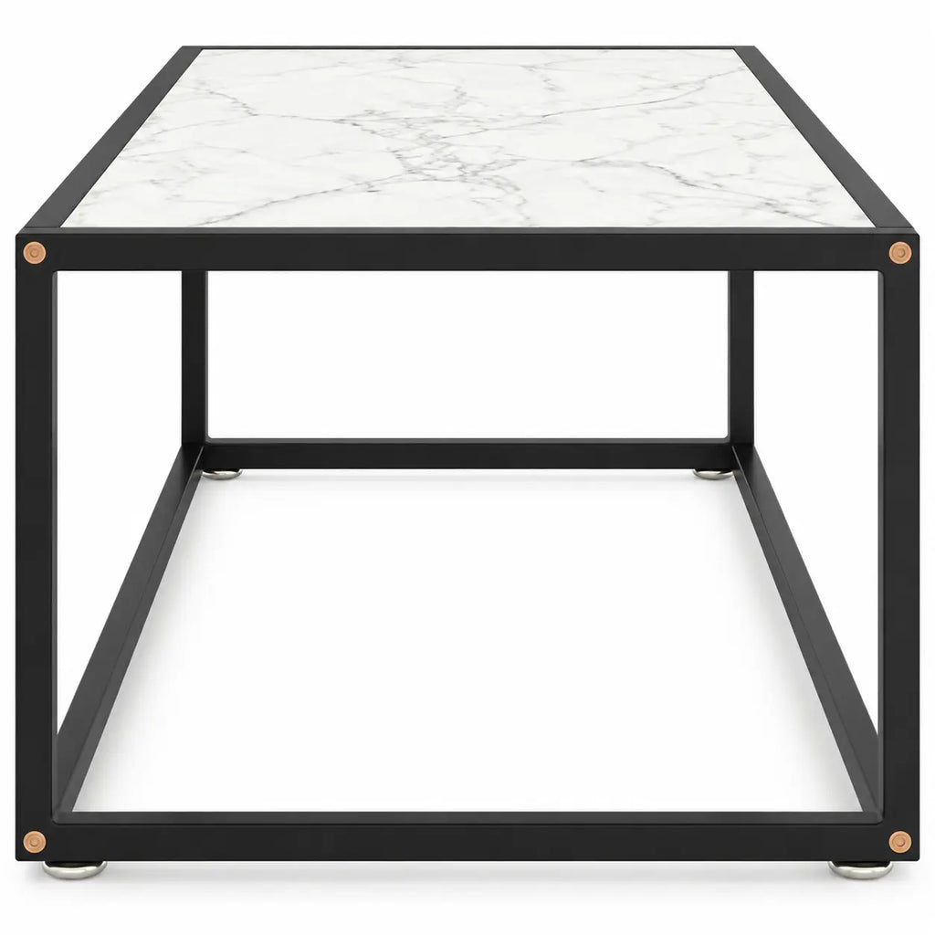 Table basse carrée effet marbre blanc avec structure noire en métal au design contemporain
