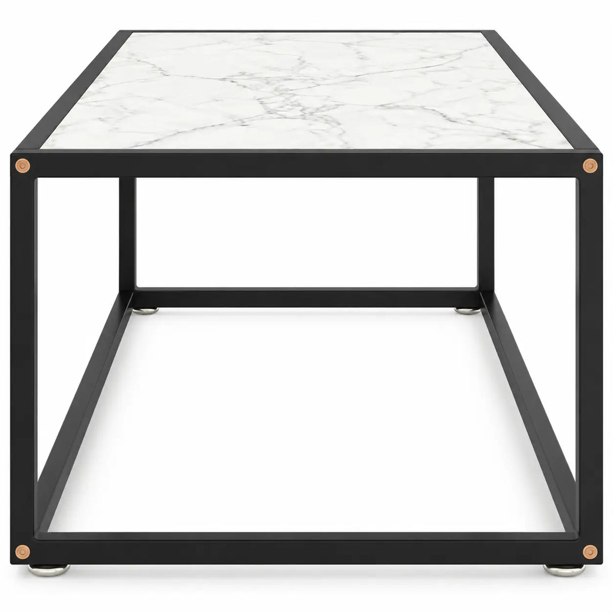 Table basse carrée effet marbre blanc avec structure noire en métal au design contemporain